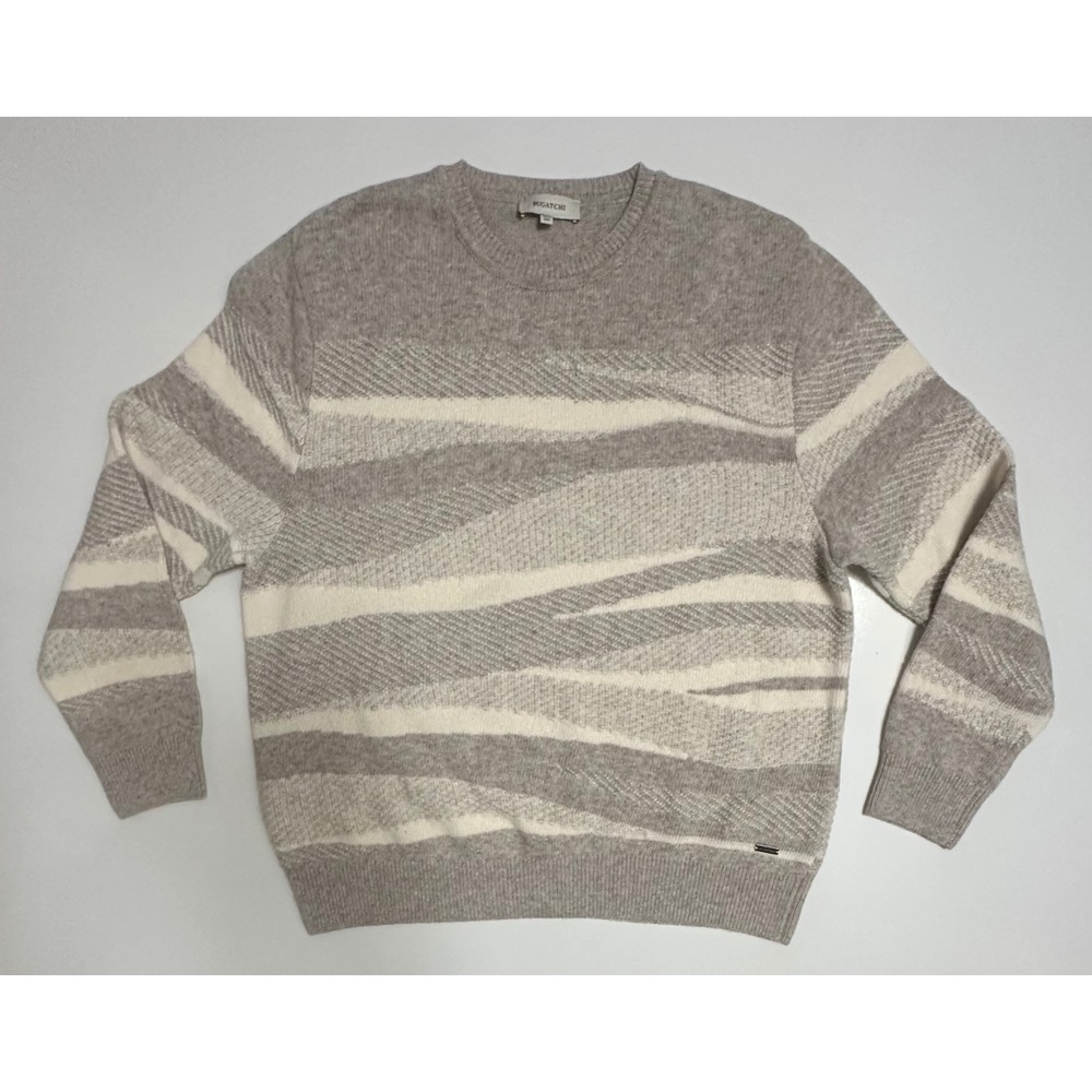 Bugatchi Crew Neck Sweater Grey White Striped Waves Wool Cotton Mens Size XXL